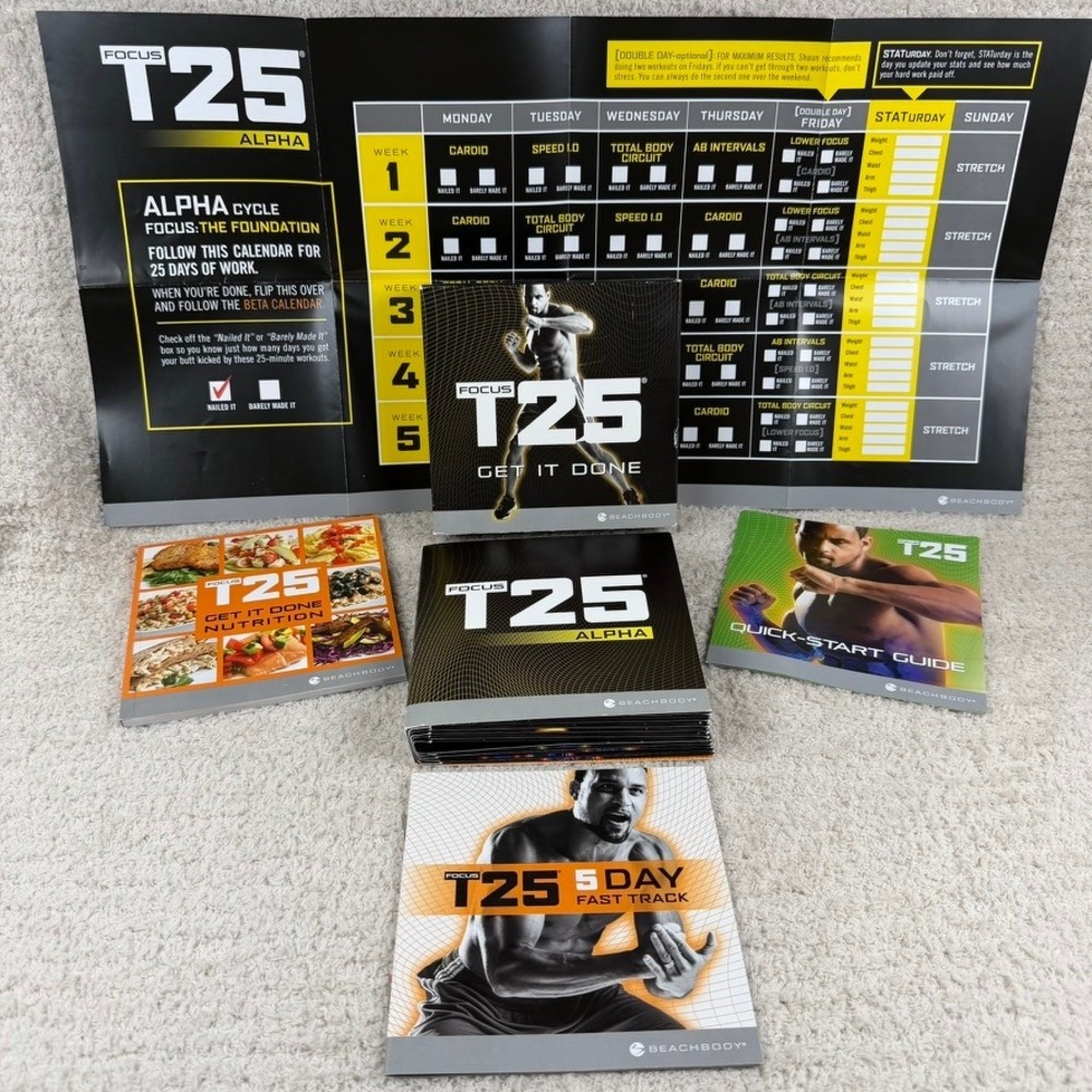 Beachbody Focus T25 Alpha Beta Cycle Workout DVD Set Resistance Band Guides READ